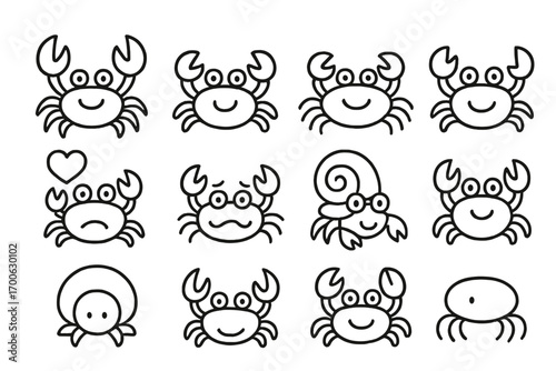 Crab Faces Icons. Line style icons of crab faces: crab with big claws, tiny eye crab, smiling crab, waving claw crab; crab with