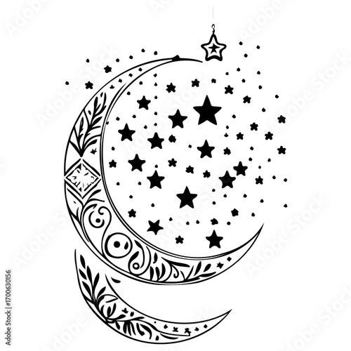 hanging moon star Ramadan illustration sketch draw