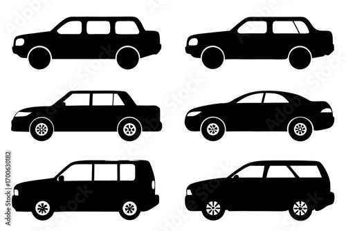 Six different car silhouettes in black on a white background showcasing various vehicle types including sedan suv and wagon perfect for automotive design and transportation themes with a clean modern 