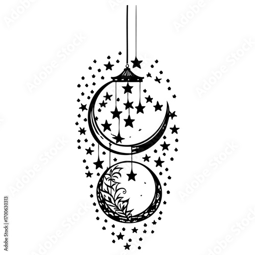 decoration hanging lantern moon star illustration sketch hand draw