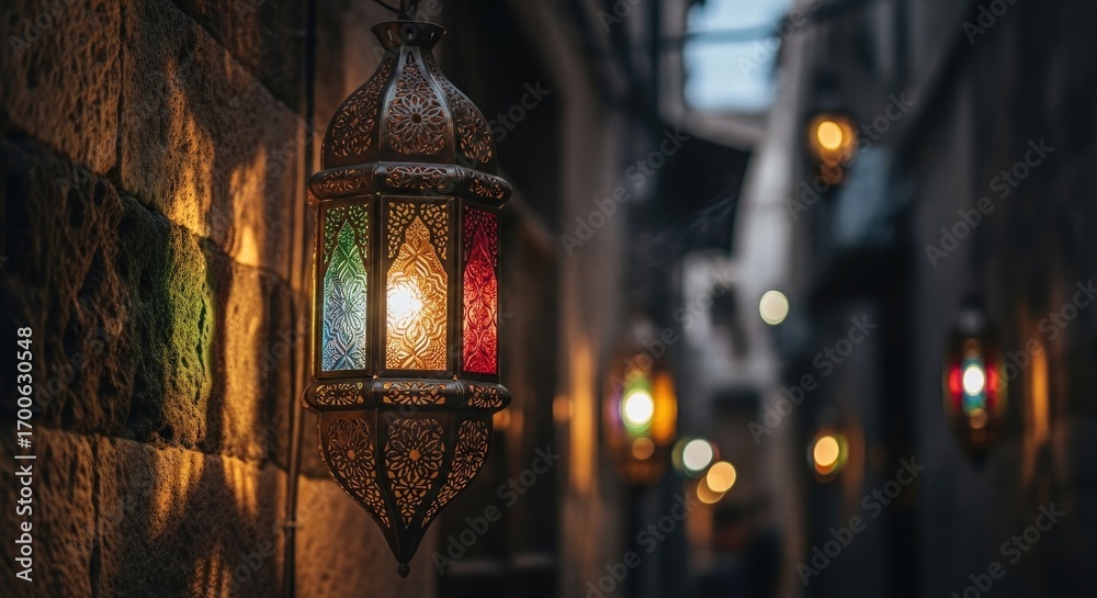 Fototapeta premium Ornate moroccan lantern with colorful glass panes illuminates a dark alley