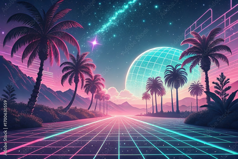 Fototapeta premium Retro futuristic neon palm tree landscape with glowing grid road