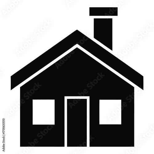 black house icon with chimney and windows in simple flat design