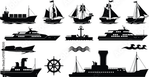 Ship silhouettes, cargo ship, sailboats, yachts, cruise ship, ocean waves, ship steering wheel, anchor, maritime transport, nautical design