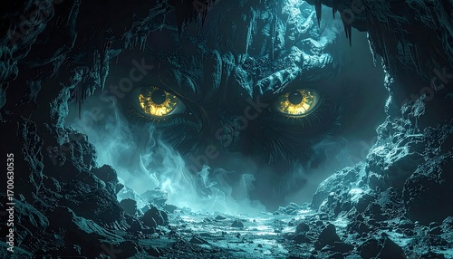 Glowing eye mountain god : fantasy cave digital painting depicting