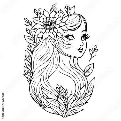 mythical beautiful xana with floral illustration sketch hand draw
