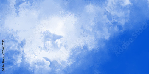 Blue sky and tiny white clouds for background. Abstract white cloud and blue sky. Creative design with grunge aquarelle painted paper textured canvas for vintage design,