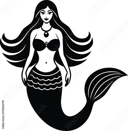 elegant mermaid silhouette with long hair and detailed fish tail