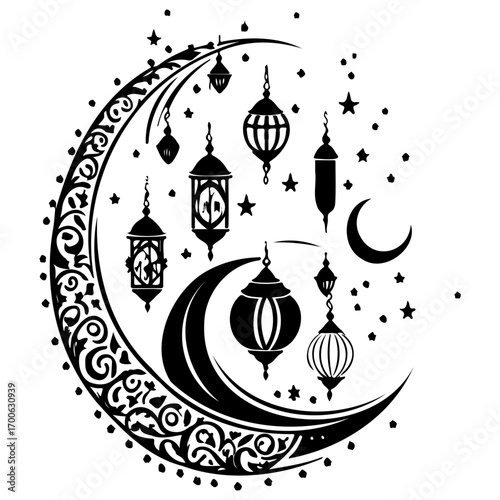 Ramadan Lantern Hanging Crescent Moon illustration sketch draw