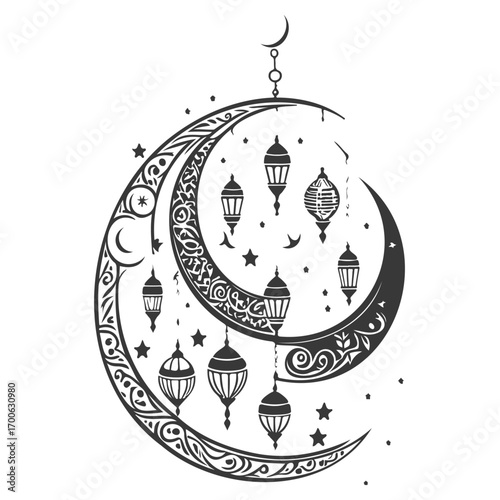 Ramadan Lantern Hanging Crescent Moon illustration grey