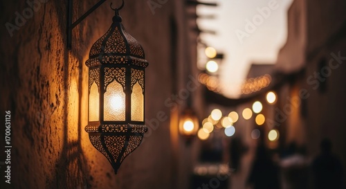 Ornate moroccan lantern glowing warmly on a textured wall at dusk