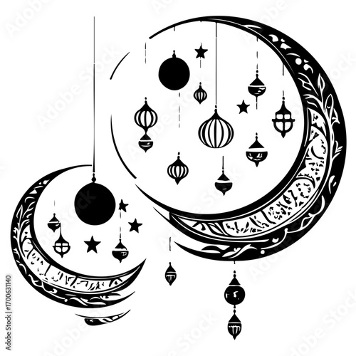 Ramadan Lantern Hanging Crescent Moon illustration sketch draw