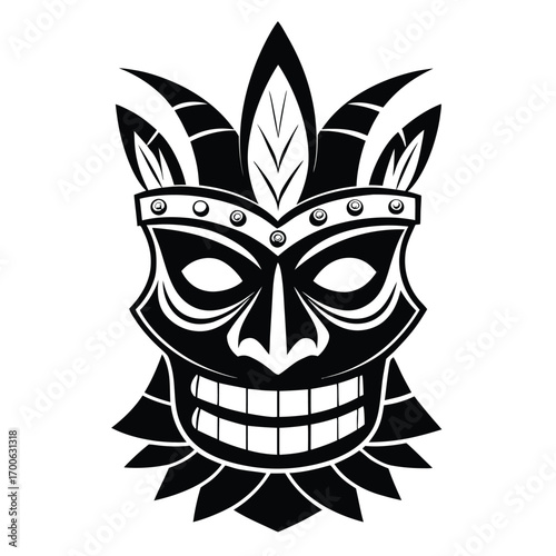Black Tribal Tiki Mask with Headdress and Grinning Teeth Vector Illustration
