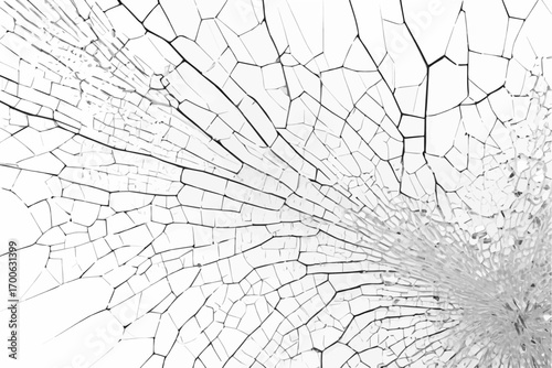 Broken glass texture background, vector illustration. Shattered and cracked surface with jagged edges, scattered pieces, and realistic damage.