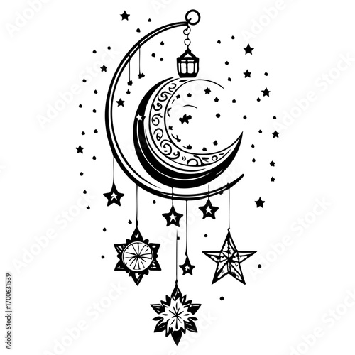 decoration hanging lantern moon star illustration sketch hand draw