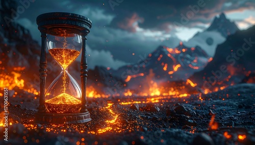 Fiery sands time : fantasy hourglass volcanic landscape themed depicting