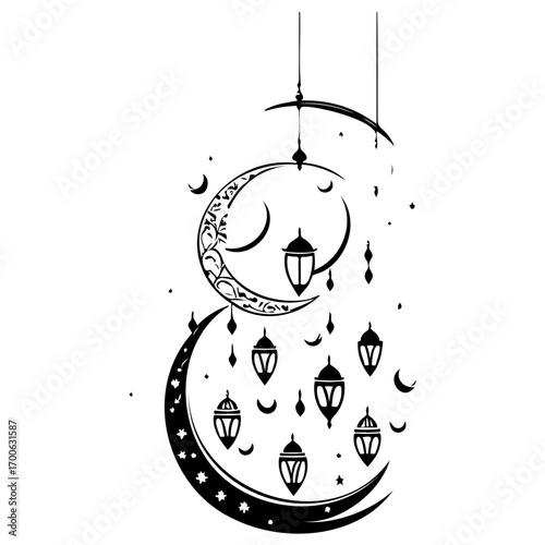 Ramadan Lantern Hanging Crescent Moon illustration sketch hand draw
