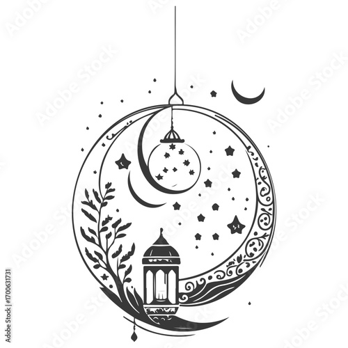 Ramadan Lantern Hanging Crescent Moon illustration grey