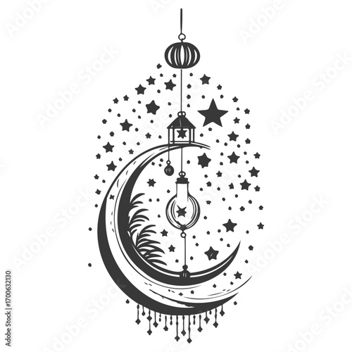 decoration hanging lantern moon star illustration grey