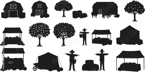 Silhouette farm market scene with barns, fruit trees, scarecrows, produce stalls, hay bales, animals, rural agriculture, harvest, outdoor farm life.