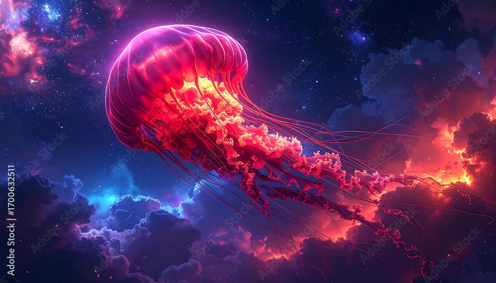 Naklejka premium Celestial jellyfish : a fantasy dreamscape float through fantastical cosmo
