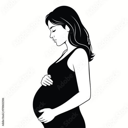 Vector art of profile silhouette of a pregnant woman holding her belly with both hands, looking down with a gentle expression