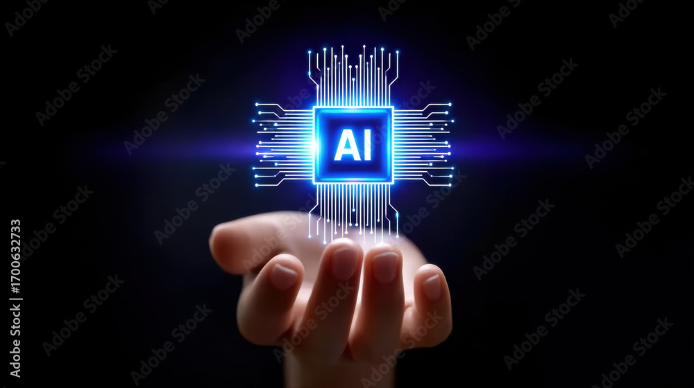 Fototapeta premium Futuristic chip glowing as artificial intelligence brain in hand, symbolizing advanced technology and innovation