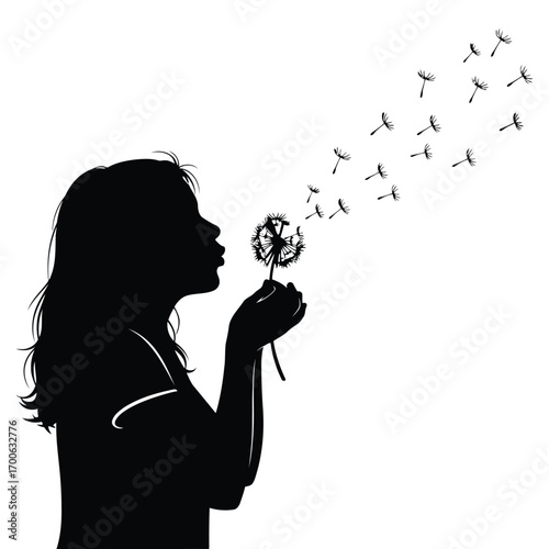 Vector art of silhouette of a young girl blowing on a dandelion, with seeds flying away in the wind