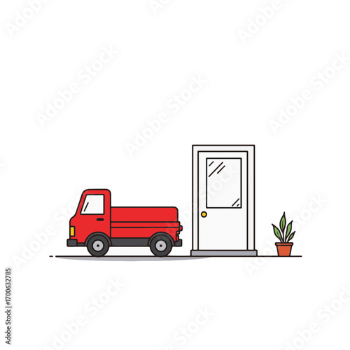 Minimalist red toy truck near door with plant, playful simplicity