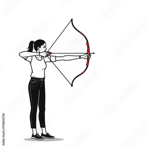 Focused woman practicing archery in minimalist style, skill and precision