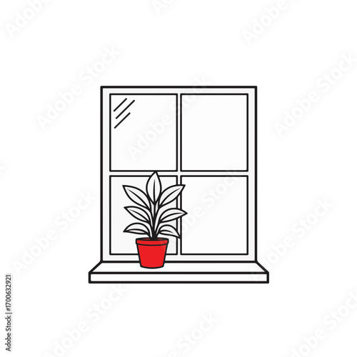 Minimalist potted plant on windowsill, black and white decor