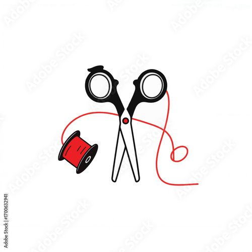 Minimalist black and white scissors with red spool on white background, creativity