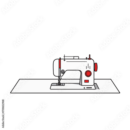 Minimalist sewing machine with red accents on white desk, creativity