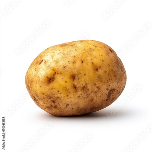 Single potato, light beige/yellow, slightly rough skin, studio shot