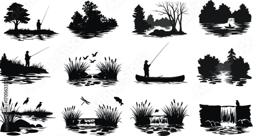 Silhouette nature scenes with fisherman, lake, trees, birds, fish, dragonfly, waterfalls, canoe, wildlife, water reflections, outdoor peaceful landscapes