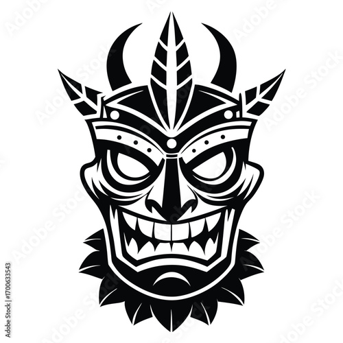 Black Graphic Tribal Mask with Horns and Teeth Vector Illustration Style Art