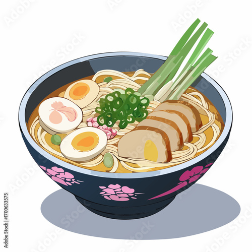 Japanese Ramen Bowl Vector with Sliced Pork, Eggs, and Green Onions Illustration