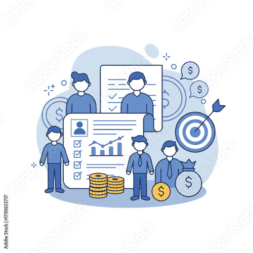 Business team analyzing financial data and planning strategy for growth in modern office, showcasing teamwork and success.
