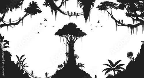 Silhouette jungle adventure, people walking on rope bridges, large trees, birds flying, tropical forest, nature exploration, outdoor hiking, scenic wilderness view