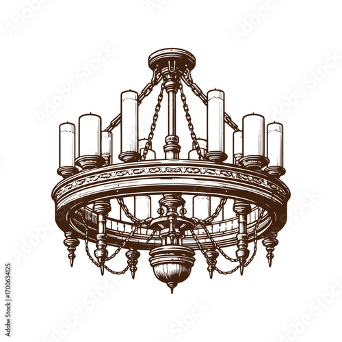 Rustic Western Saloon Chandelier with Candles – Black and White Vector Illustration