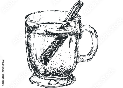 Sketch of hot beverage with cinnamon stick and citrus slice. Vector hand drawn illustration