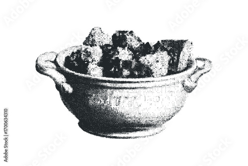 Halftone bowl with food pieces on a white background. Vector hand drawn illustration