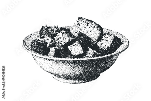 Stippled drawing of croutons in a bowl on a transparent. Vector hand drawn illustration