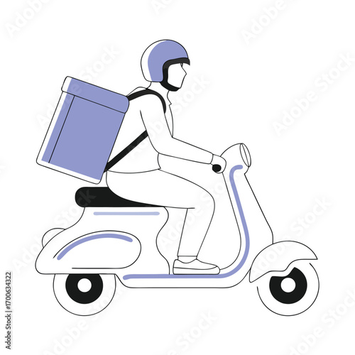 Delivery person on scooter with blue insulated bag flat icon motorcycle vehicle