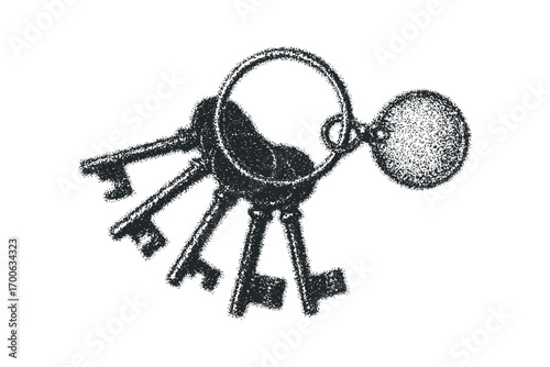 Group of antique skeleton keys on keyring. Vector hand drawn illustration