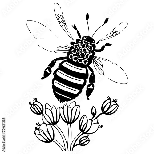 Bee on flower spring illustration sketch hand draw