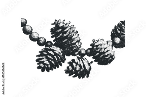 Pinecone and bead garland on transparent background. Vector hand drawn illustration