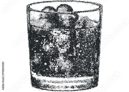 Glass of ice drink with charcoal texture. Vector hand drawn illustration