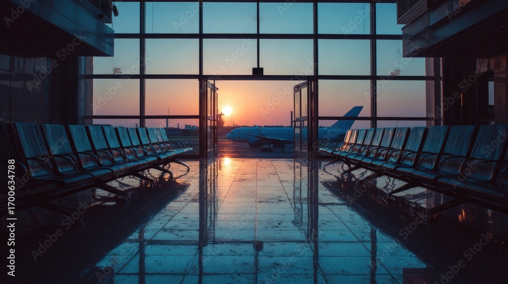 Fototapeta premium Empty airport terminal at sunrise. Sunrise through glass doors, silhouette of a plane