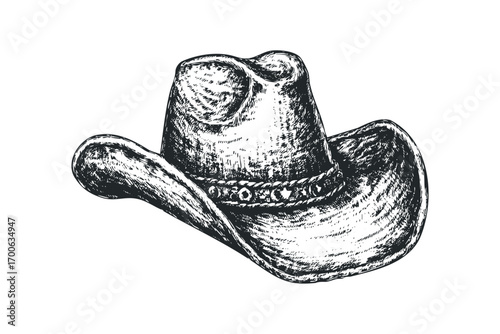 Sketch cowboy hat with decorative band on transparent background. Vector hand drawn illustration
